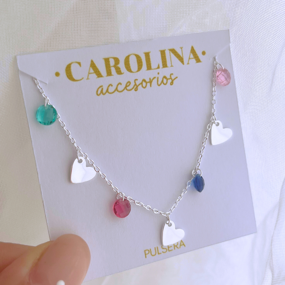 PULSERA CORAZONES Y CRISTALES MULTICOLOR