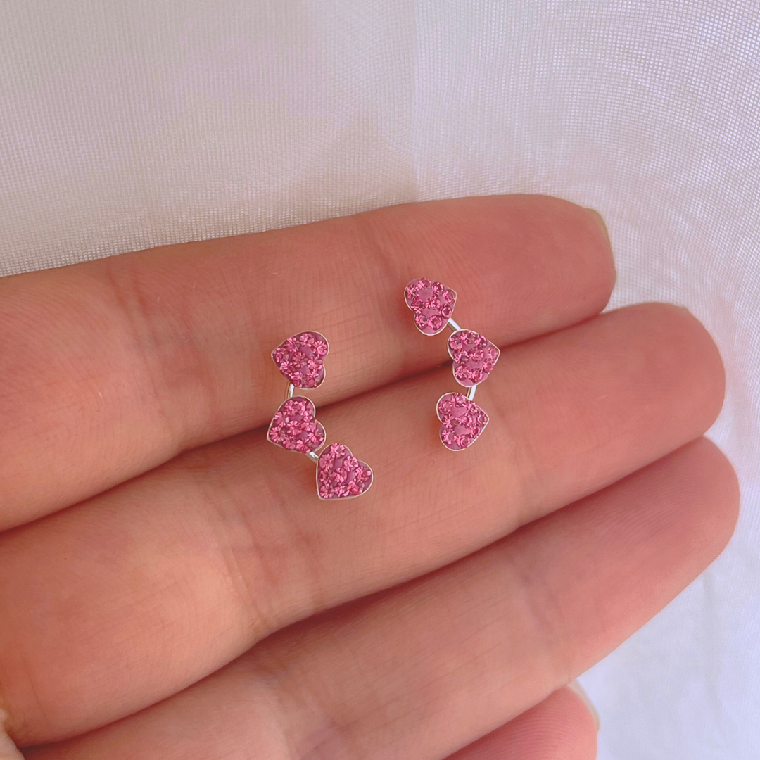 AROS TRIO DE CORAZONES STRASS ROSA