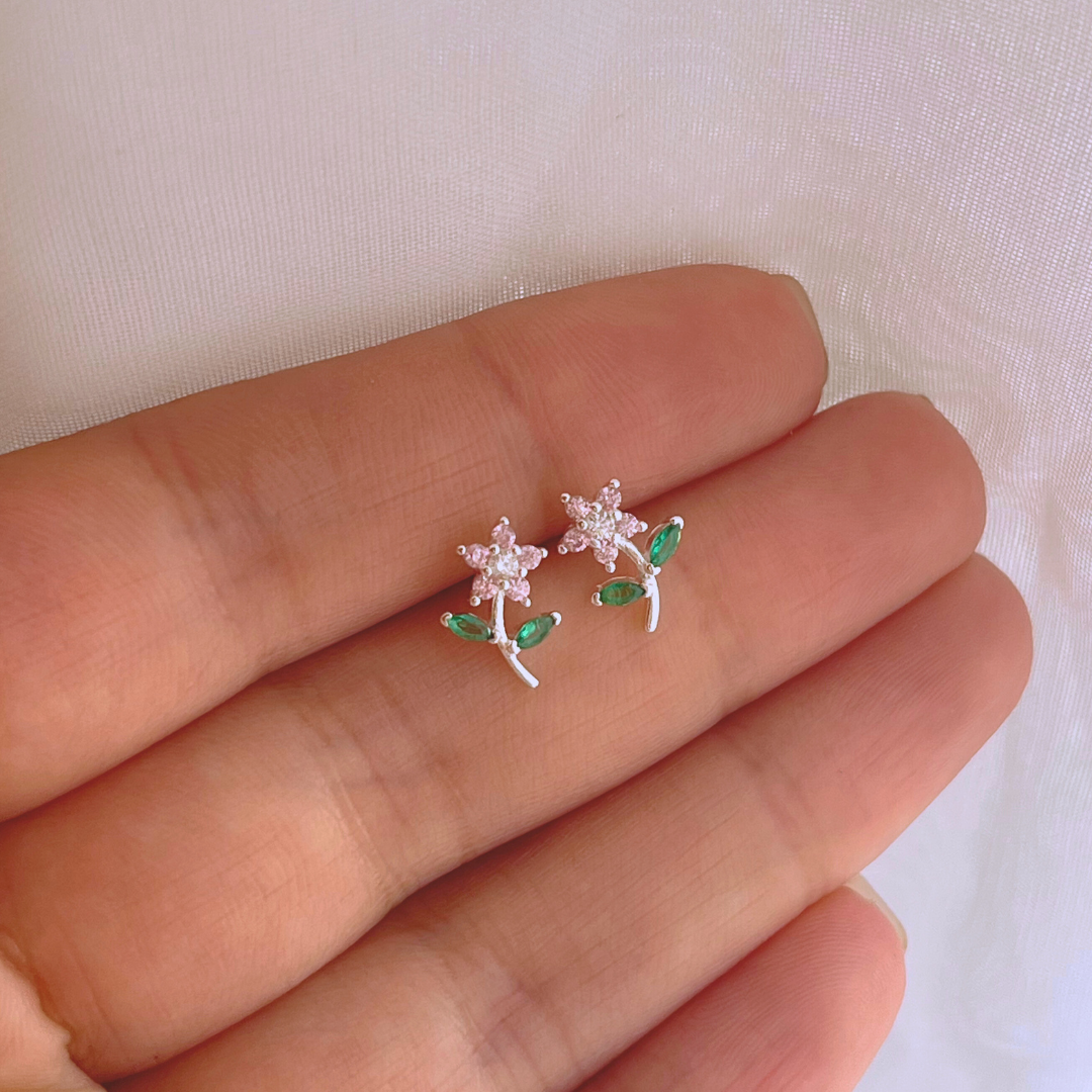 AROS FLOR CIRCONES ROSA Y ESMERALDA