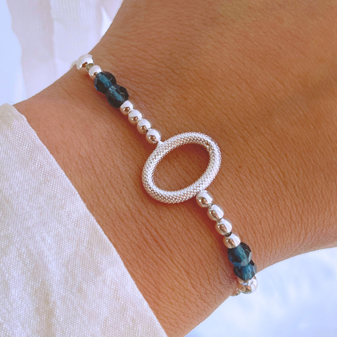 PULSERA ÓVALO FACETADO, ESFERAS Y CRISTALES AZULES