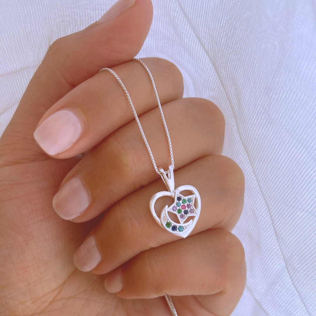 COLLAR CORAZÓN LUNA Y ESTRELLA CIRCONES MULTICOLOR