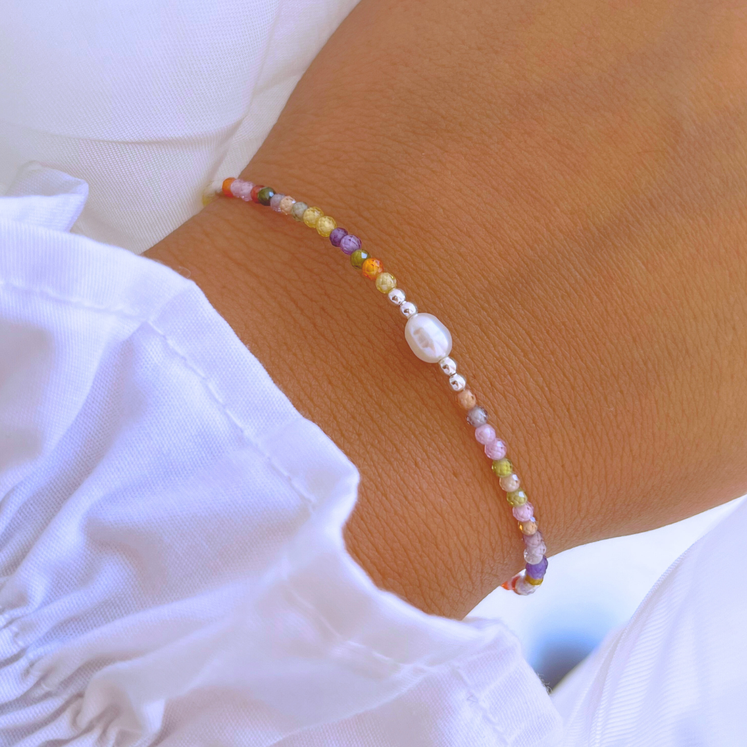 PULSERAS CRISTALES MULTICOLOR Y PERLA