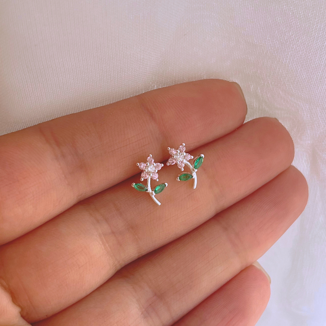 AROS FLOR CIRCONES ROSA Y ESMERALDA