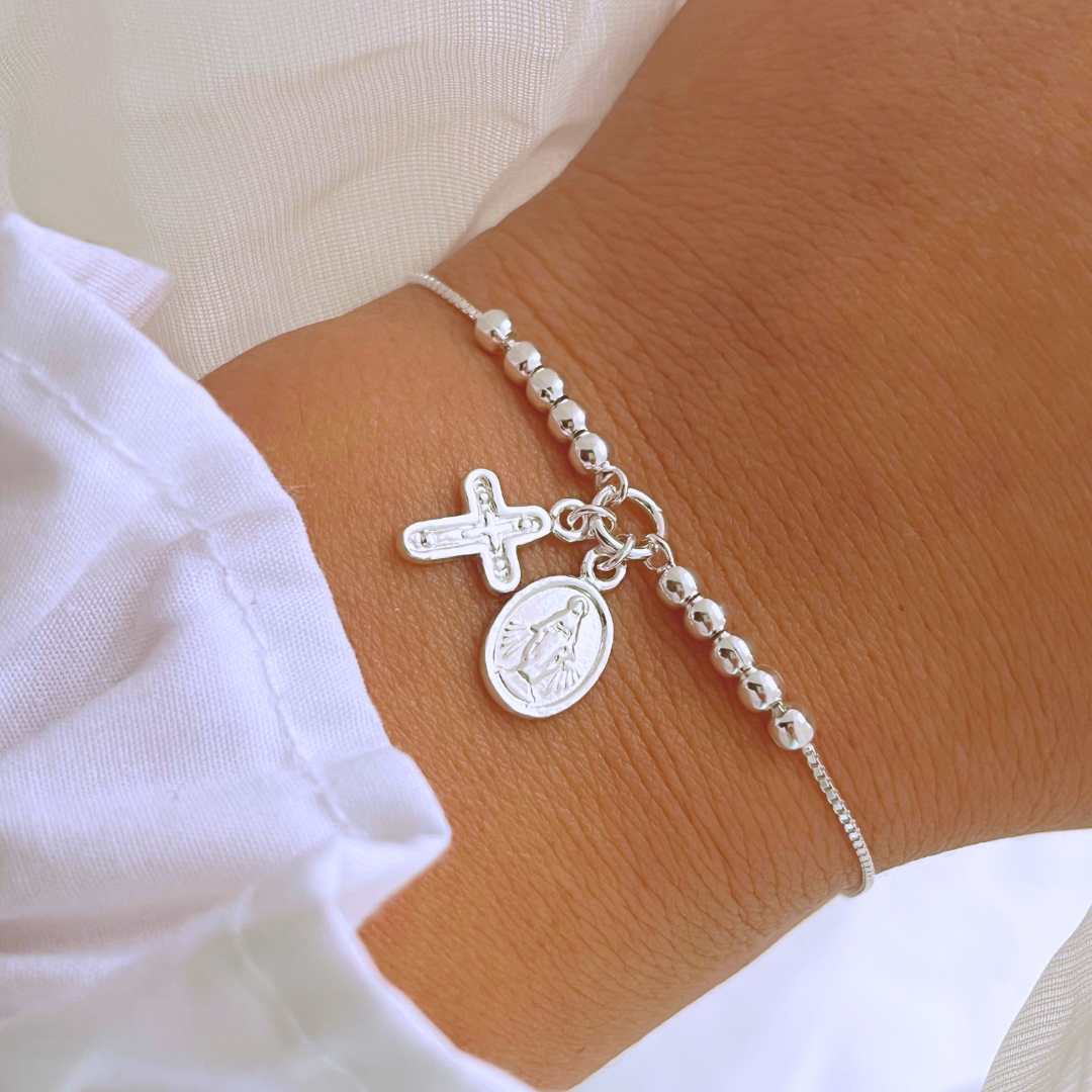 PULSERA AJUSTABLE CRUZ Y VIRGEN DE LOS MILAGROS